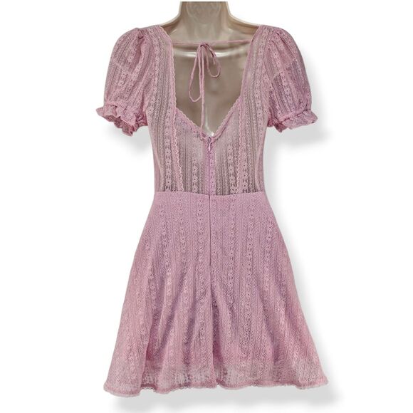 Urban Outfitters Roxie Lace Mini Dress Pink Sheer Puff Sleeve Fit Flare Size S - Picture 2 of 6